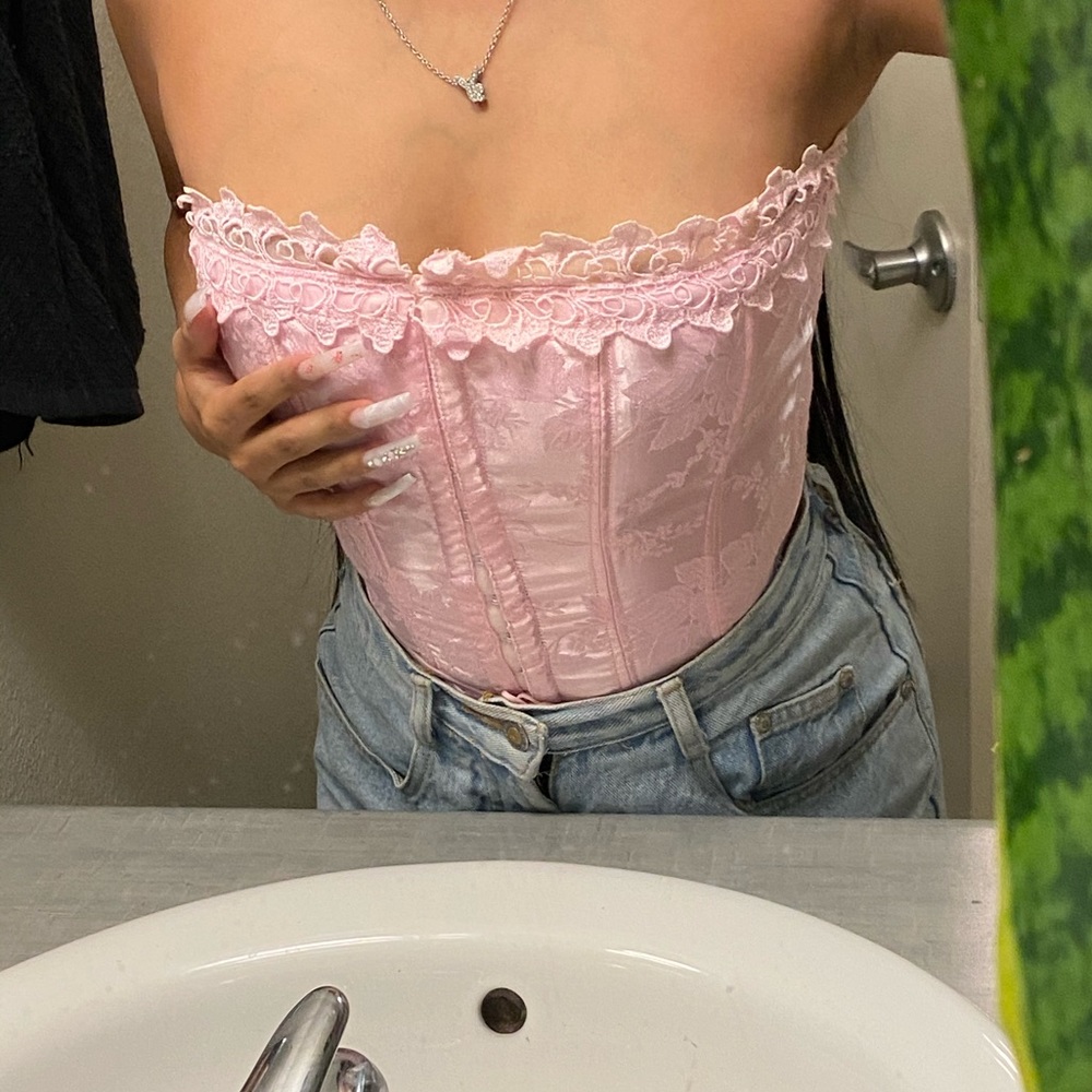 Bubblegum pink silk & lace corset
